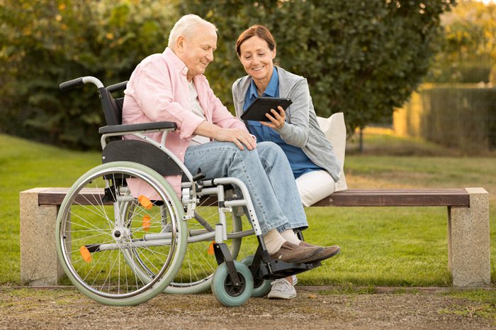 A caregiver providing support to a resident